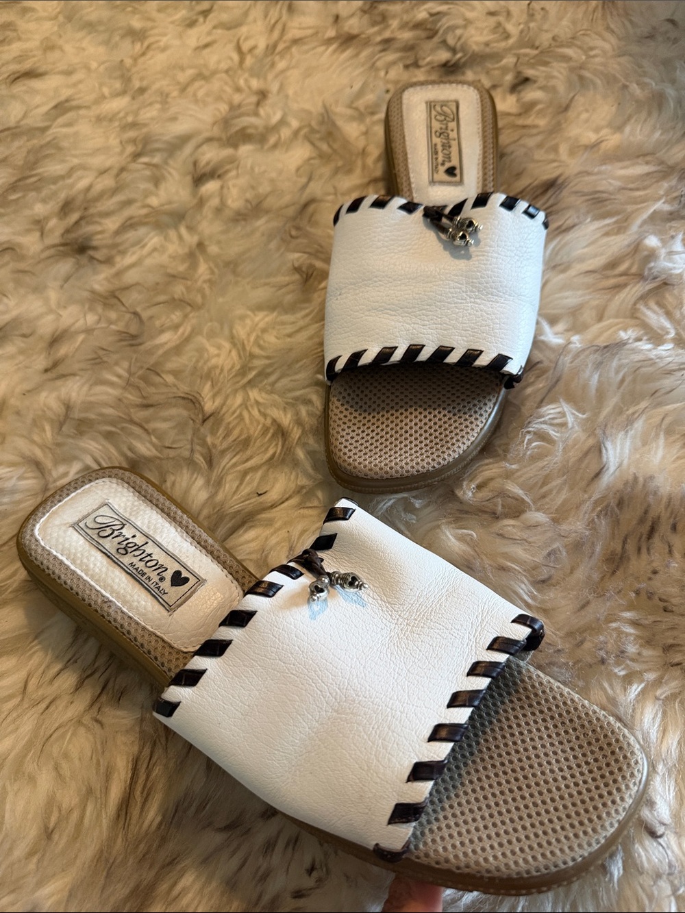 Brighton White Leather Slide Sandals with Brown Trim - Picture 7 of 9